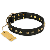 "Rhomb Style" FDT Artisan Decorated Leather American Bulldog Collar with Old Bronze-Plated Studs 1 1/2 inch (40 mm) Wide