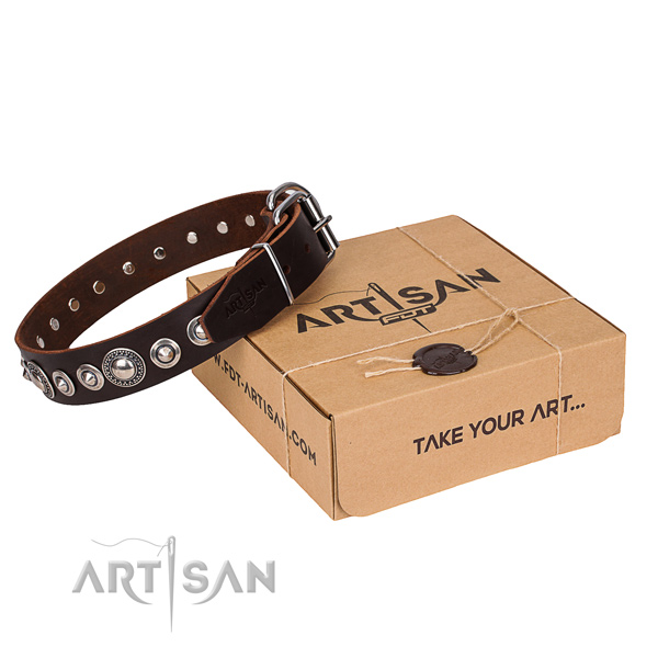 Natural genuine leather dog collar made of top notch material with corrosion proof buckle