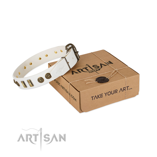 Strong traditional buckle on natural leather dog collar for your pet
