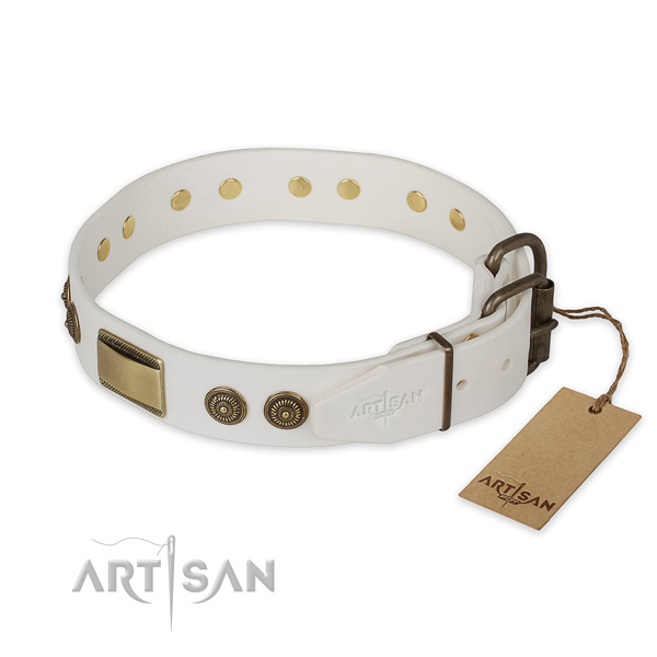 Rust resistant D-ring on genuine leather collar for everyday walking your four-legged friend