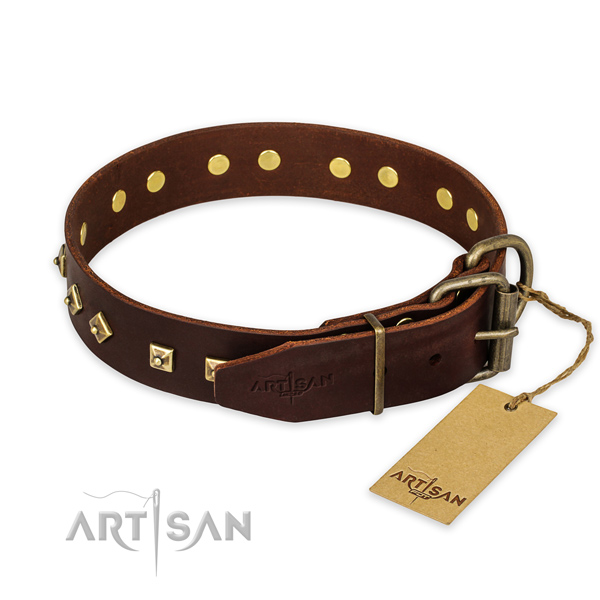 Reliable traditional buckle on genuine leather collar for daily walking your canine