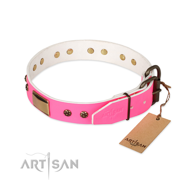 Full grain natural leather dog collar with corrosion resistant traditional buckle and decorations