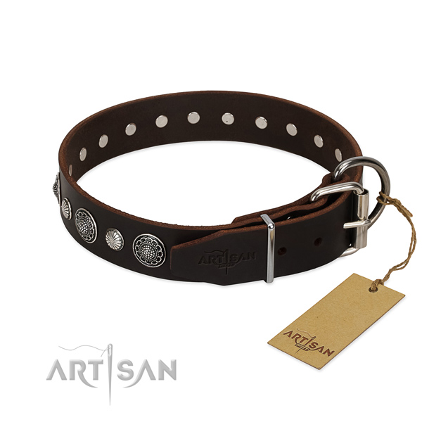 Reliable Full grain natural leather dog collar with rust resistant hardware