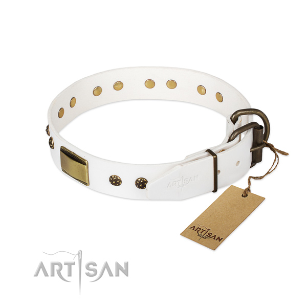 Natural genuine leather dog collar with durable buckle and decorations