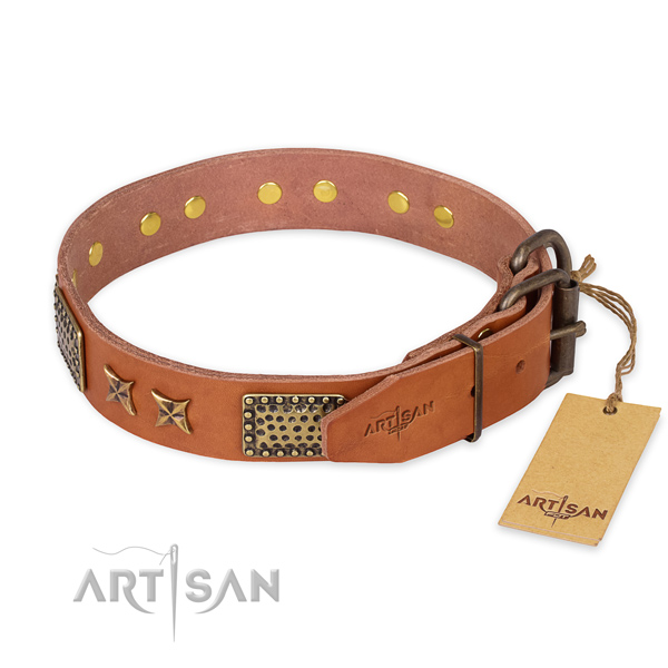 Rust resistant D-ring on full grain natural leather collar for your handsome pet