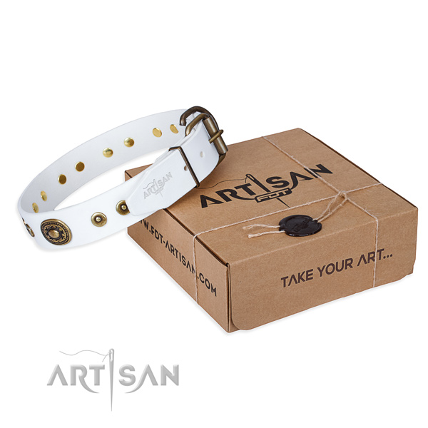Leather dog collar made of gentle to touch material with rust resistant D-ring