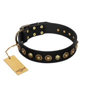 "Reckless Mutt" FDT Artisan Black Leather American Bulldog Collar with Skulls and Brooches