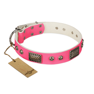 "Fashion Skulls" FDT Artisan Pink Leather American Bulldog Collar with Old Silver Look Plates and Skulls "Fashion Skulls" FDT Artisan Pink Leather American Bulldog Collar with Old Silver Look Plates and Skulls