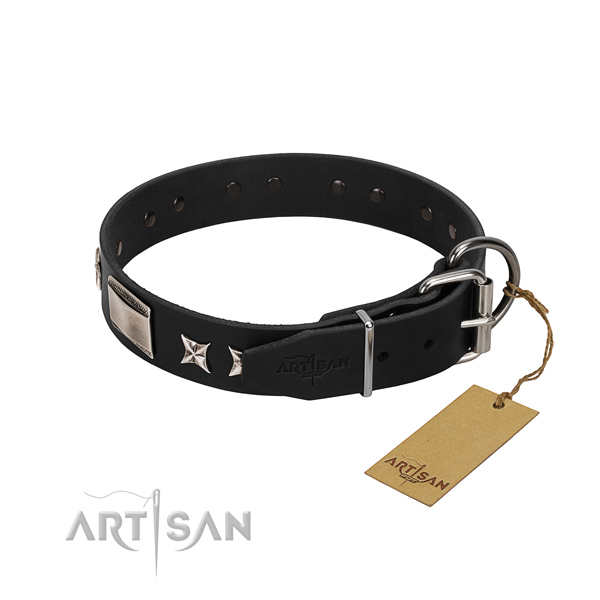 Reliable natural leather dog collar with corrosion proof buckle