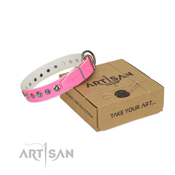 High quality natural leather dog collar with stylish design decorations