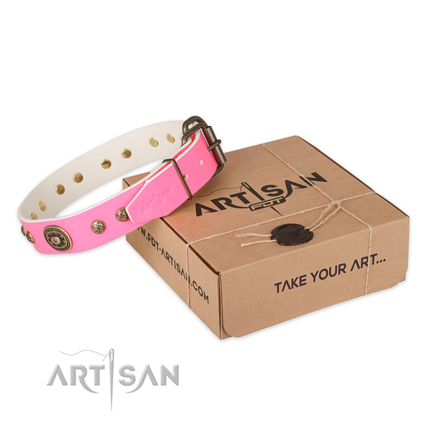 Corrosion resistant fittings on natural genuine leather dog collar for daily use
