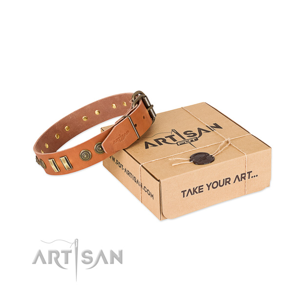 Corrosion resistant buckle on natural leather dog collar for your doggie
