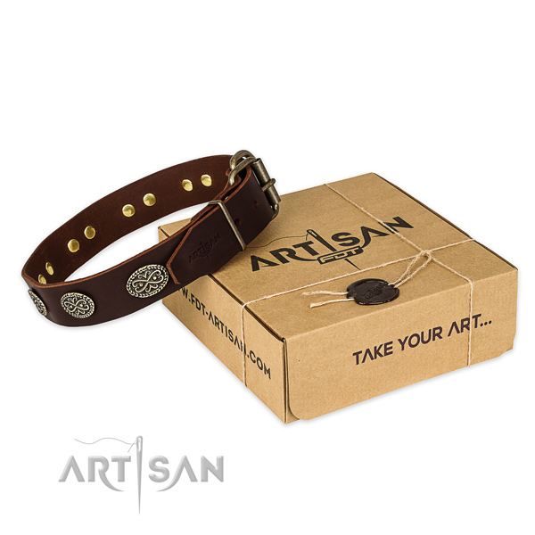 Strong fittings on natural genuine leather collar for your lovely pet