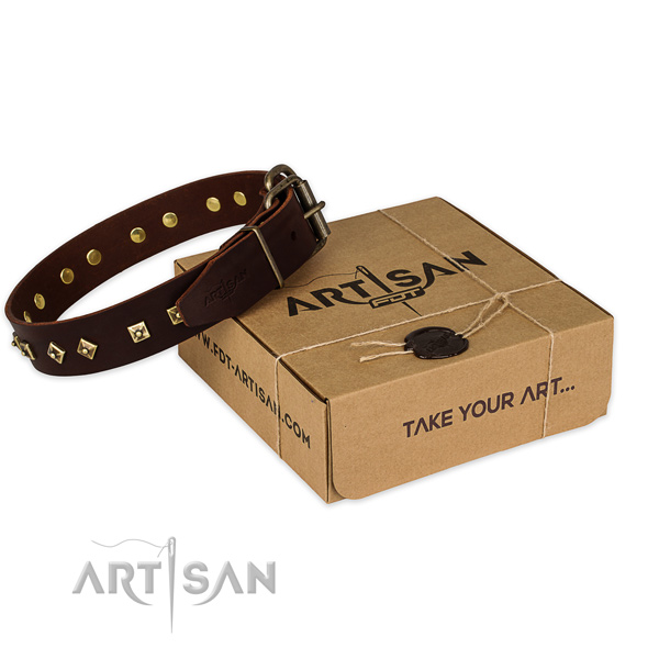 Corrosion resistant buckle on full grain natural leather dog collar for comfy wearing