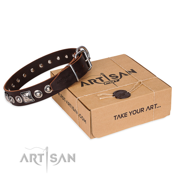 Genuine leather dog collar made of flexible material with corrosion proof traditional buckle