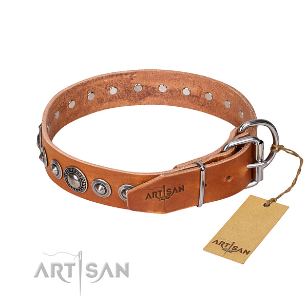 Full grain natural leather dog collar made of reliable material with corrosion resistant adornments