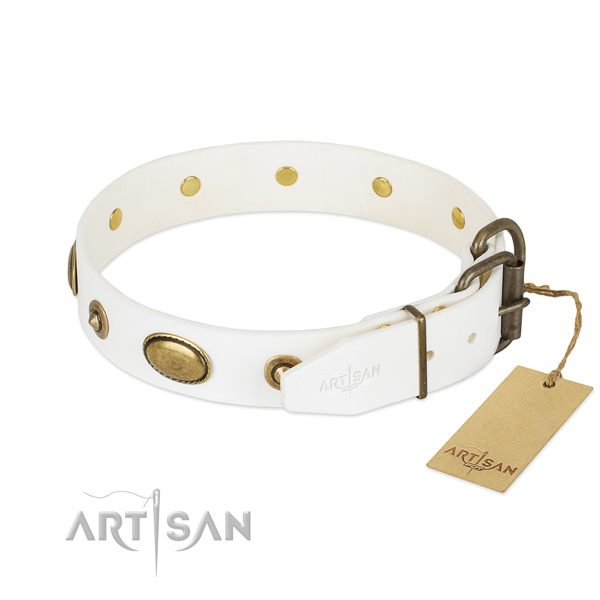 Durable D-ring on genuine leather dog collar for your four-legged friend