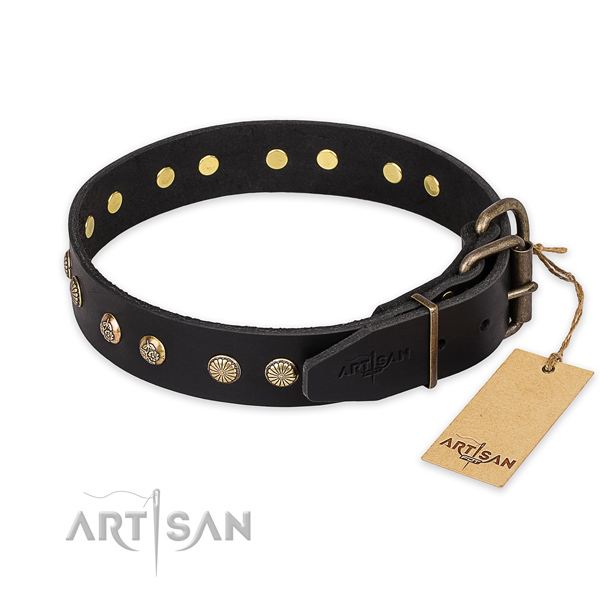Corrosion proof traditional buckle on full grain natural leather collar for your lovely four-legged friend