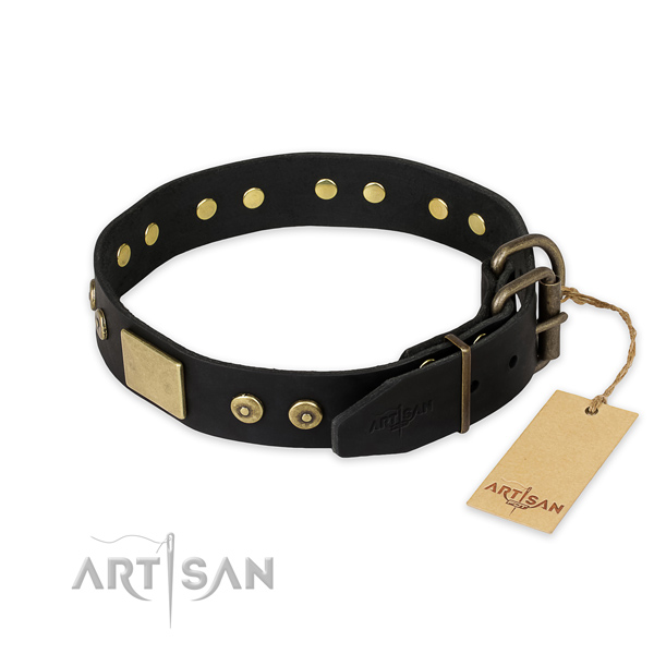 Corrosion proof buckle on genuine leather collar for fancy walking your canine