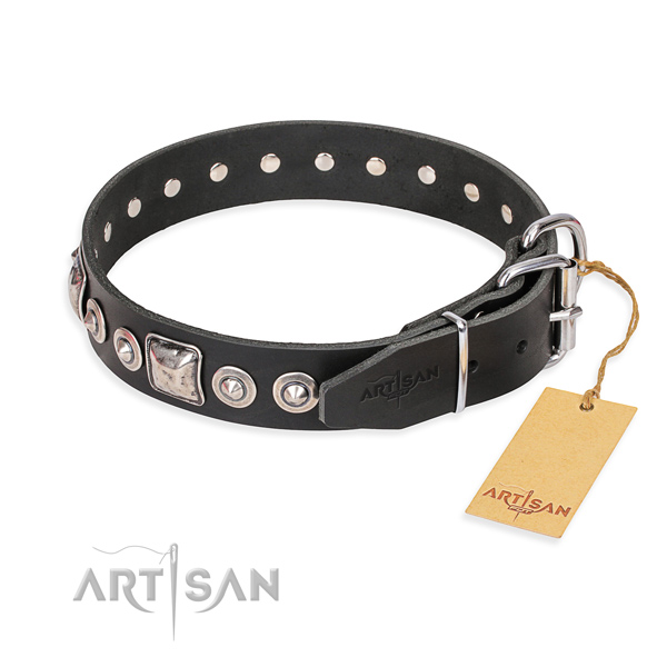Full grain leather dog collar made of quality material with strong embellishments