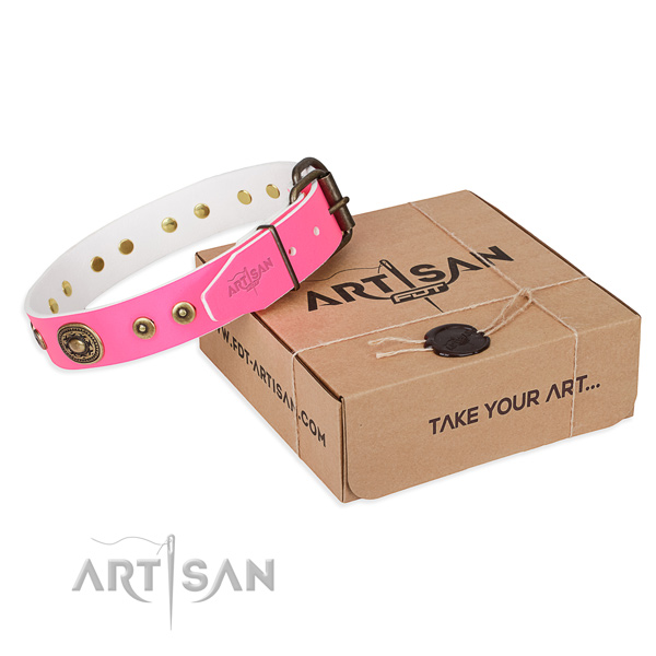 Leather dog collar made of top notch material with corrosion proof traditional buckle