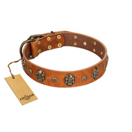 "Rockstar" FDT Artisan Tan Leather American Bulldog Collar with Engraved Studs and Medallions
