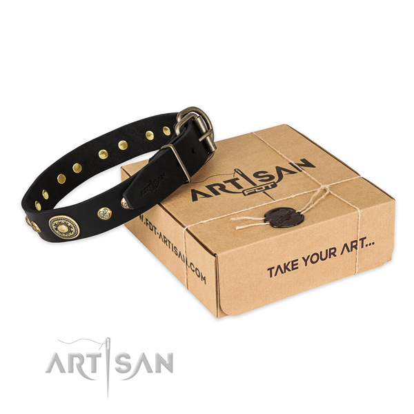 Strong traditional buckle on genuine leather dog collar for comfy wearing