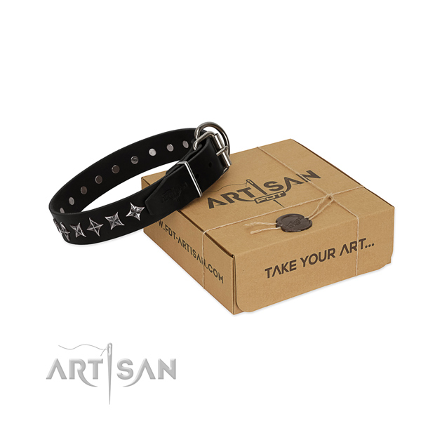 Easy wearing dog collar of strong full grain leather with studs