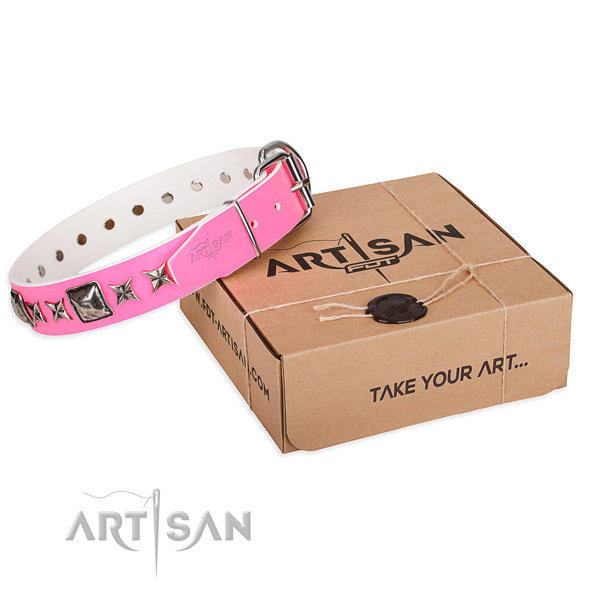 Daily walking full grain natural leather dog collar with decorations