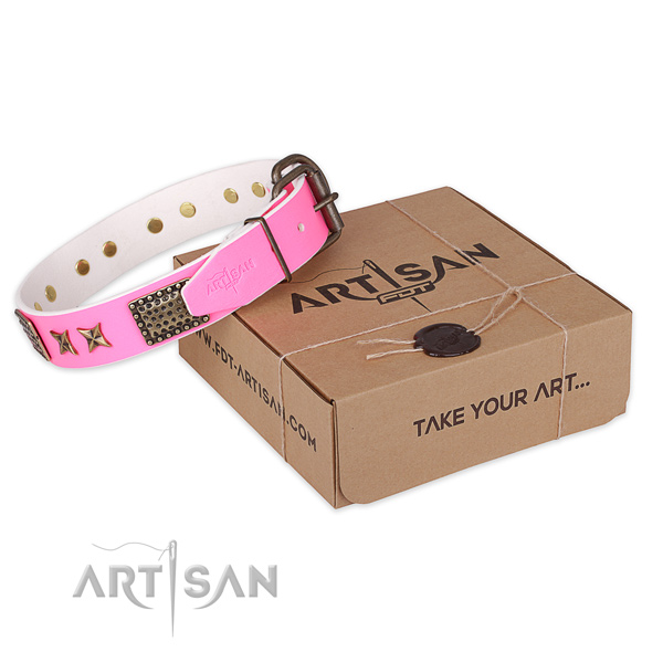 Reliable fittings on natural genuine leather collar for your stylish canine