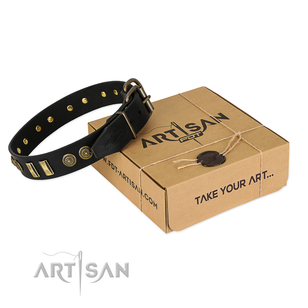 Corrosion resistant D-ring on full grain leather dog collar for your doggie