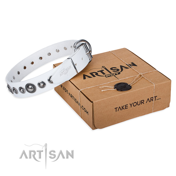 Genuine leather dog collar made of flexible material with durable D-ring