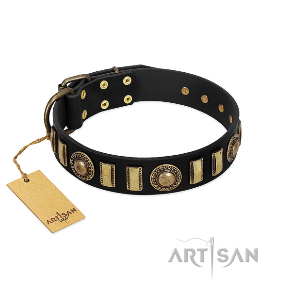 Reliable genuine leather dog collar with corrosion proof traditional buckle