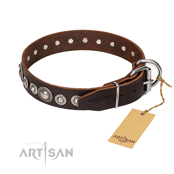 Leather dog collar made of soft to touch material with corrosion resistant fittings