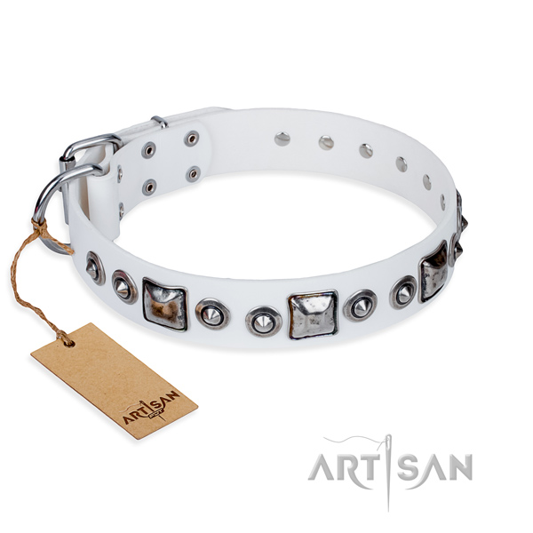 Full grain genuine leather dog collar made of gentle to touch material with corrosion proof fittings