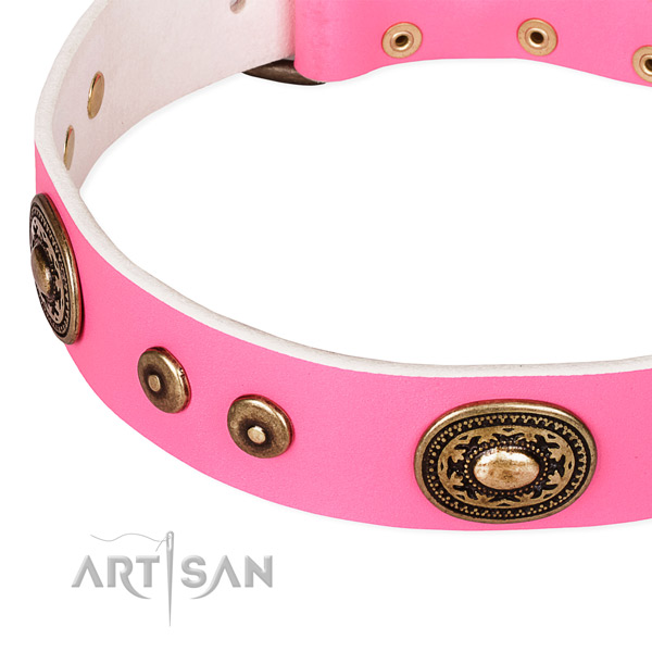 Leather dog collar made of soft to touch material with embellishments