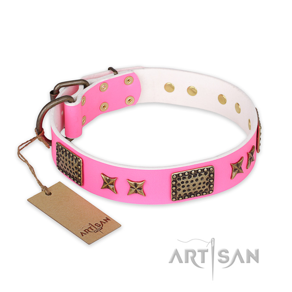 Handmade genuine leather dog collar with strong D-ring