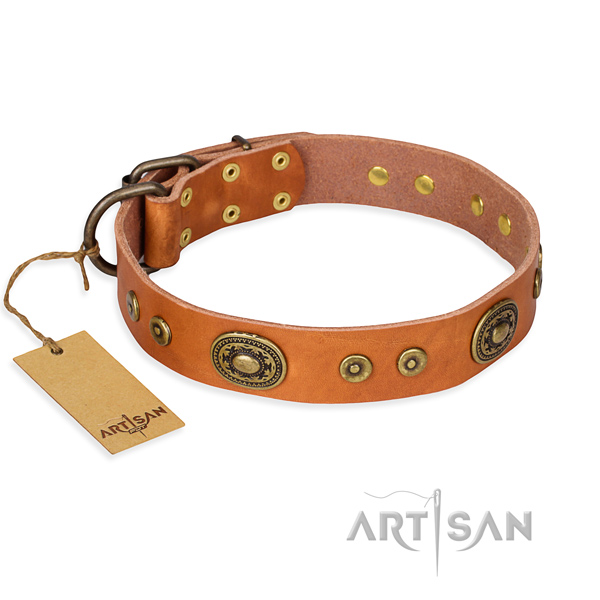 Genuine leather dog collar made of gentle to touch material with rust resistant traditional buckle