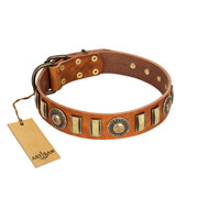 "Happy Hound" FDT Artisan Tan Leather American Bulldog Collar with Elegant Decorations