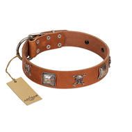 "Amorous Escapade" Embellished FDT Artisan Tan Leather American Bulldog Collar with Chrome Plated Crossbones and Plates