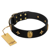 "Star Powder" FDT Artisan Black Leather American Bulldog Collar with Ovals and Stars - 1 1/2 inch Wide