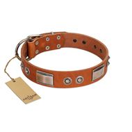 "Pawsy Glossy" FDT Artisan Exclusive Tan Leather American Bulldog Collar 1 1/2 inch (40 mm) wide