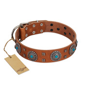 "Blue Sands" FDT Artisan Tan Leather American Bulldog Collar with Silver-like Studs and Round Conchos with Stones