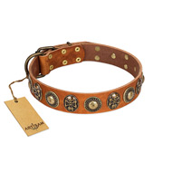 "Golden Epoch" FDT Artisan Tan Leather American Bulldog Collar with Old Bronze-plated Medallions and Conchos