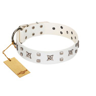 "Star Patrol" FDT Artisan White Leather American Bulldog Collar Adorned with Stars and Studs