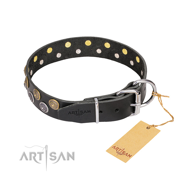 Handy use genuine leather collar with embellishments for your dog