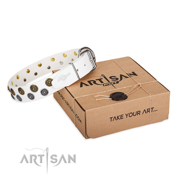 Embellished natural genuine leather dog collar for comfortable wearing