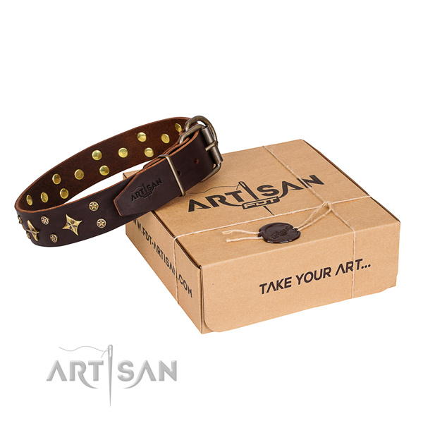 Embellished genuine leather dog collar for everyday use