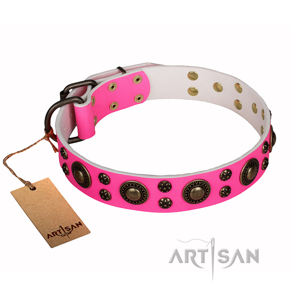 Stylish walking natural genuine leather collar with decorations for your canine