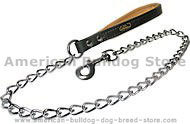 Quality dog leash with leather handle and Herm Sprenger chain and snap hook for American Bulldog